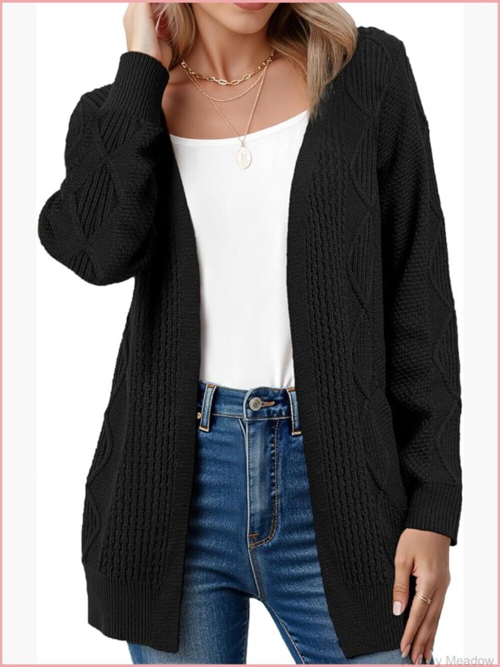 Women Cable Knit Cardigan Sweater V-Neck Open Front Chunky with Pockets Fall